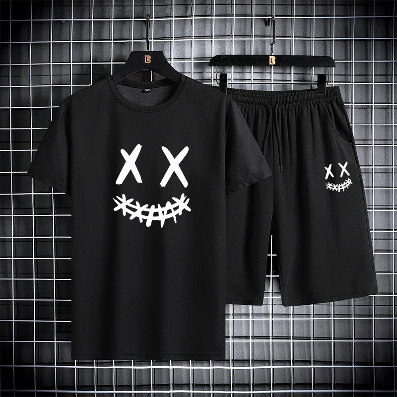 Мужской летний спортивный костюм с круглым вырезом и короткими рукавами, футболка, шорты длиной пять четвертей, облегающий модный комплект из двух предметов, мужская одежда