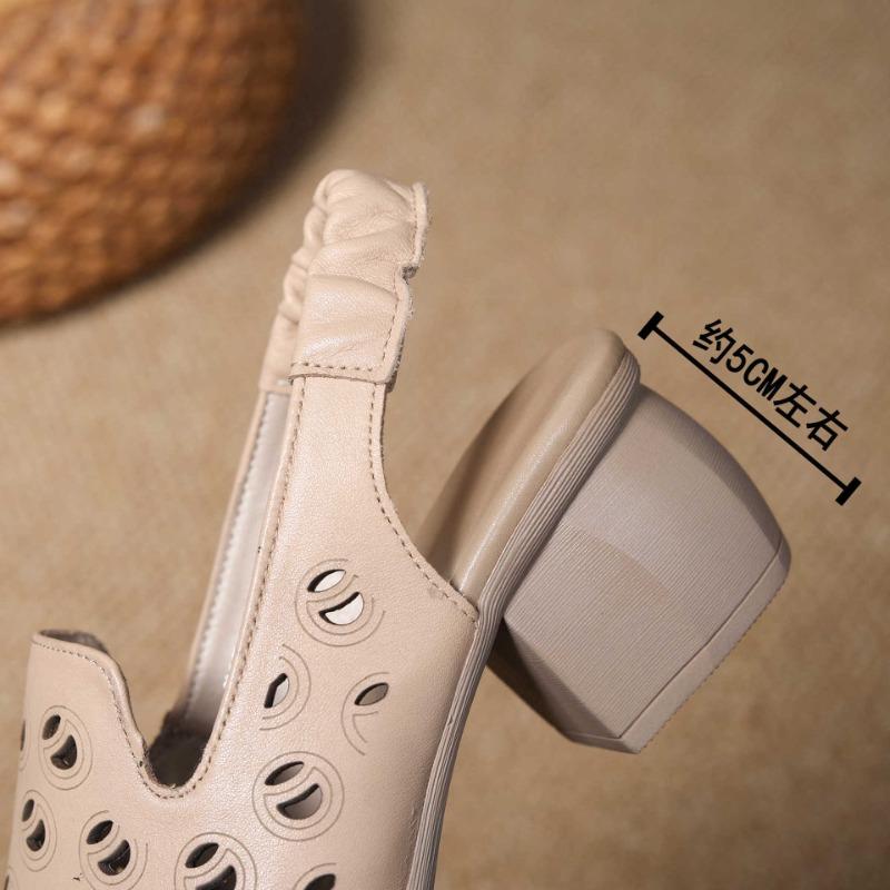 Summer New First-layer Cowhide Bag Head Breathable Thick Heel Middle Heel Hollow Sandals Retro Classic Versatile Elegant Shoes