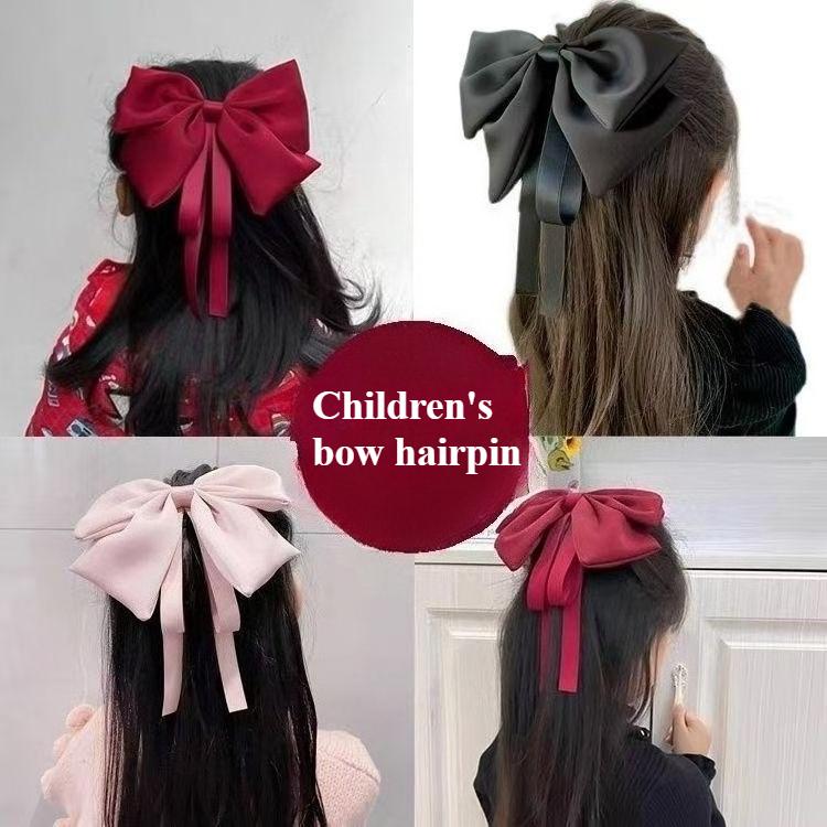 Children's Large Bow Hair Clip Princess Style Satin Wine Red Ribbon Hair Clip Back of The Head with A Headband A Female Hair Accessory