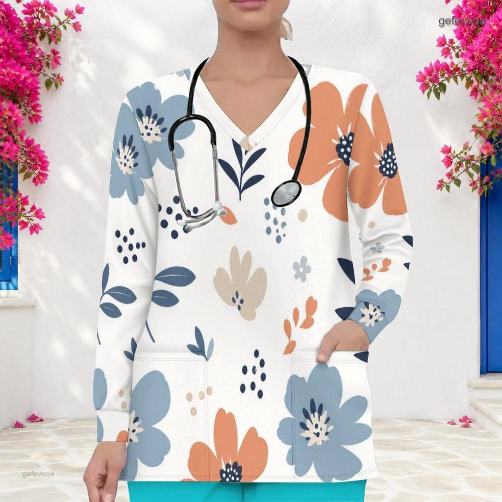 Women Plus Size Long Sleeve Nurse Scrub Top Watercolor Floral Print V Neck With Pockets Casual Medical Workwear For Healthcare Staff