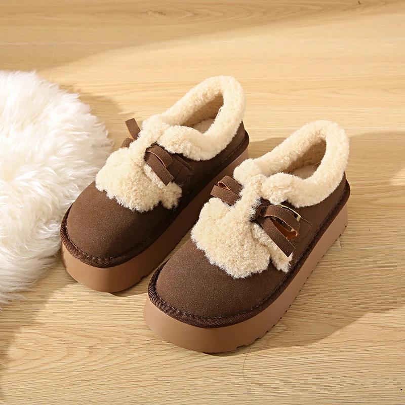Меховые туфли на плоской подошве с бантом, женские мокасины на платформе, замшевые, плюшевые, хлопковые, брендовые, повседневные туфли на мелкой подошве, зимние трендовые, удобные, теплые, Zapatos Mujer