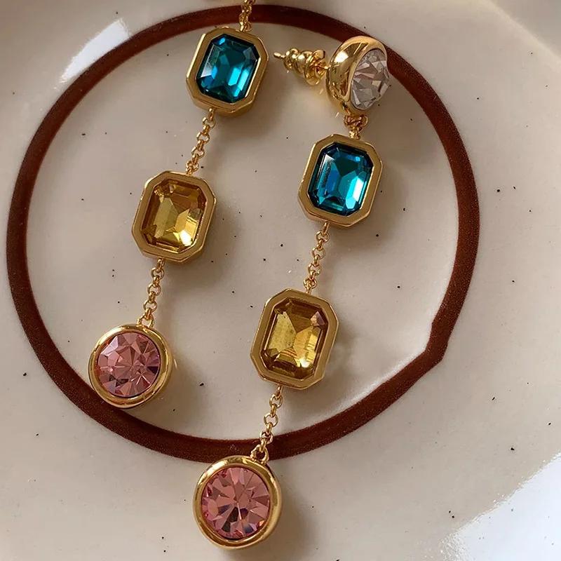 Retro Multi-color Crystal Long Geometric Drop Earrings for Women Fashionable Elegant Jewelry Gifts