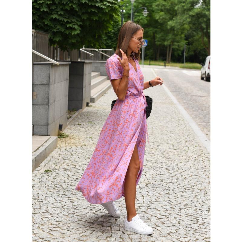 YYFS Женская мода лето весна цветочный узор принт с коротким рукавом V-образным вырезом с высокой талией повседневные платья