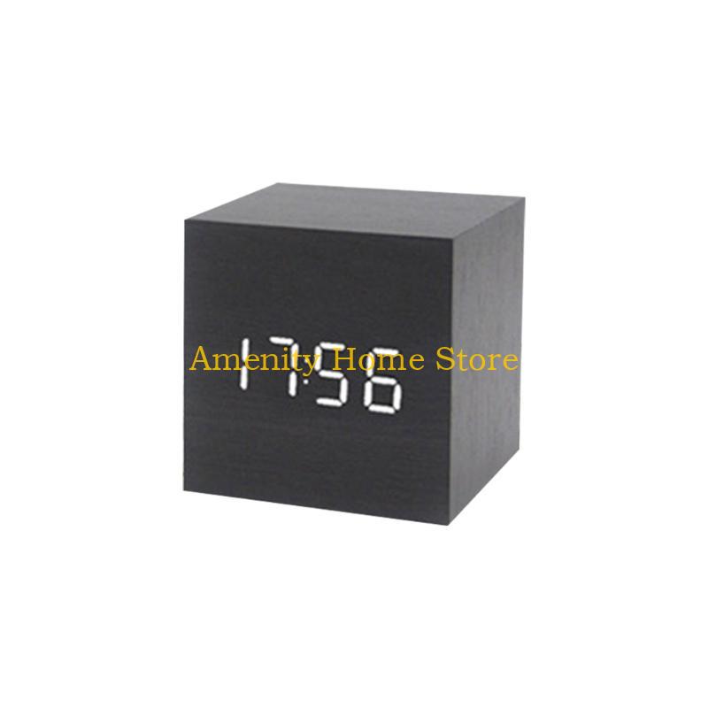 F26C Wood Cube Voice Control  Led Alarm Clock Decorative Clock Ornaments Art Crafts Supplies for Home Bedroom Dormitory