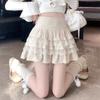 White Mini Cake Skirt Women High Waist Korean Fashion Kawaii Sweet Casual Ruffles Lace Female Patchwork Lolita A-line Skirt