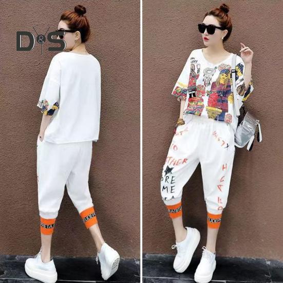 Женская футболка, комплект из 2 шт./компл., комплект брюк в стиле хип-хоп с принтом и V-образным вырезом, топ с короткими рукавами, укороченные брюки с ремешками на щиколотке, уличная одежда, дорожная повседневная одежда