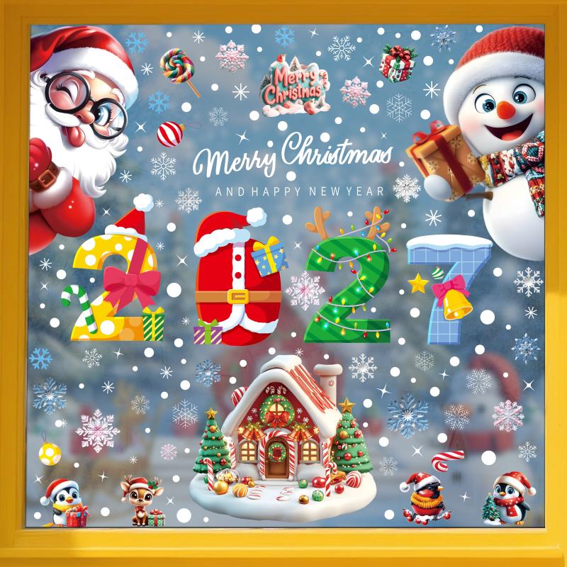 Cartoon 2027 Christmas Window Stickers 4/5 Sheets Static Xmas Decor Decals for Home Office Kids Room Holiday Decor