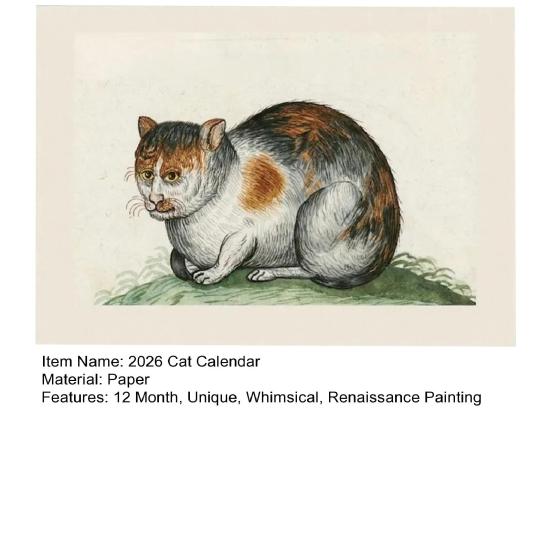 Уродливые коты на картинах эпохи Возрождения Календарь 2026 Смешные средневековые коты Настенный календарь Винтажный 12-месячный планировщик Странное настенное искусство с котами эпохи Возрождения для кота