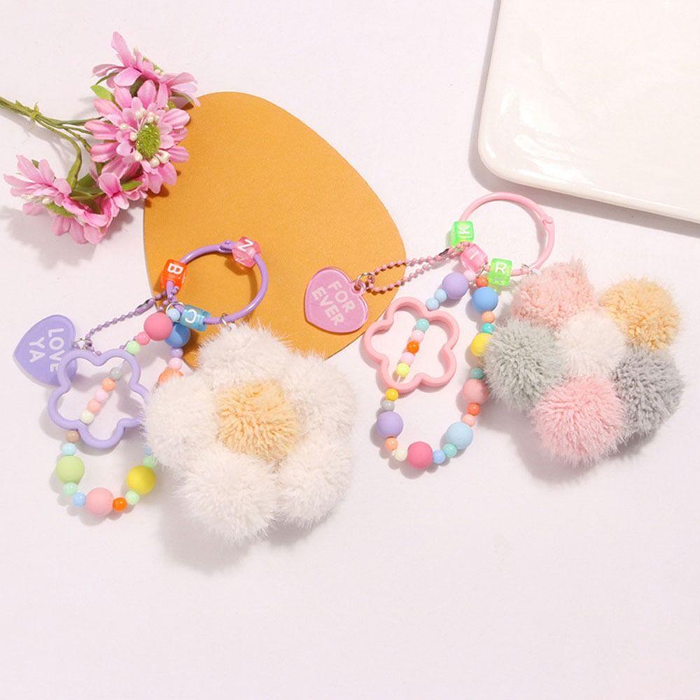 Bag Key Ring Bead Chain Keyring Flower Hairball Keychain Backpack Pendant  Keychain Accessories