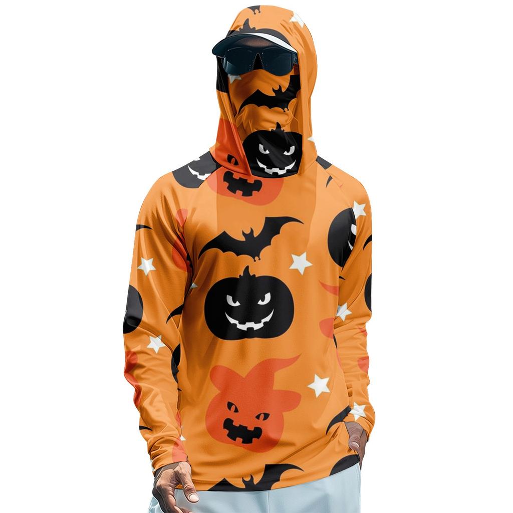Мужская худи реглан для рыбалки с принтами на Хэллоуин - UPF 50+ УФ защита, длинный рукав, солнцезащитная рубашка с сетчатым козырьком