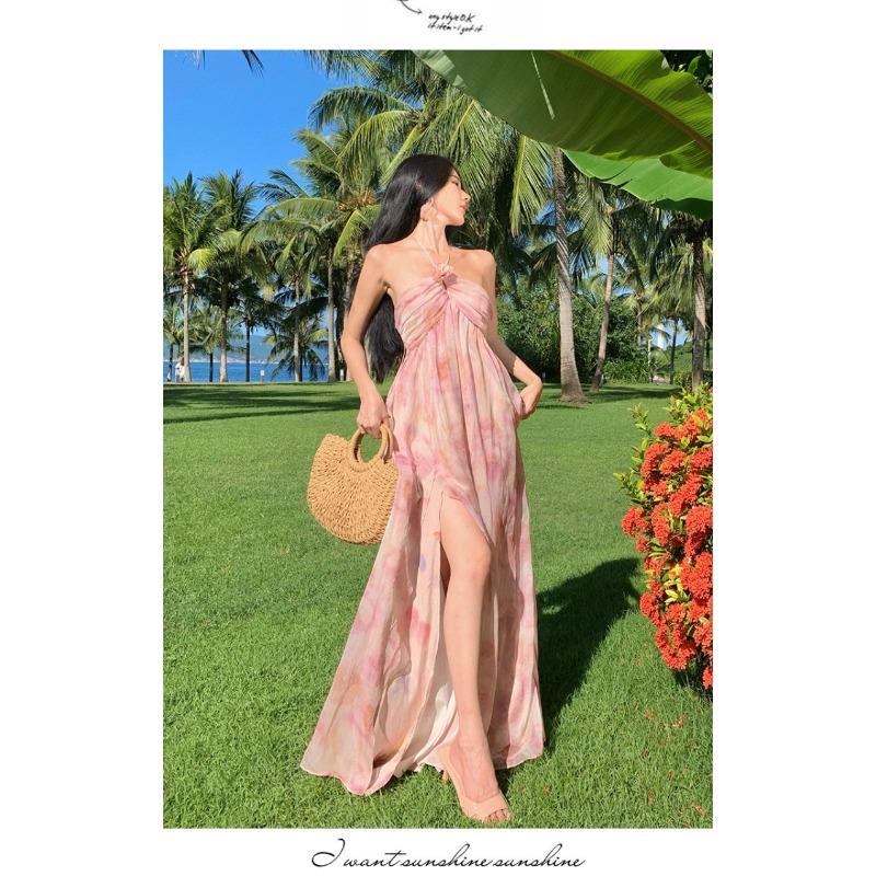 Высококачественное легкое роскошное трехмерное платье с цветочным принтом и вырезом для женщин, летнее пляжное праздничное платье-комбинация