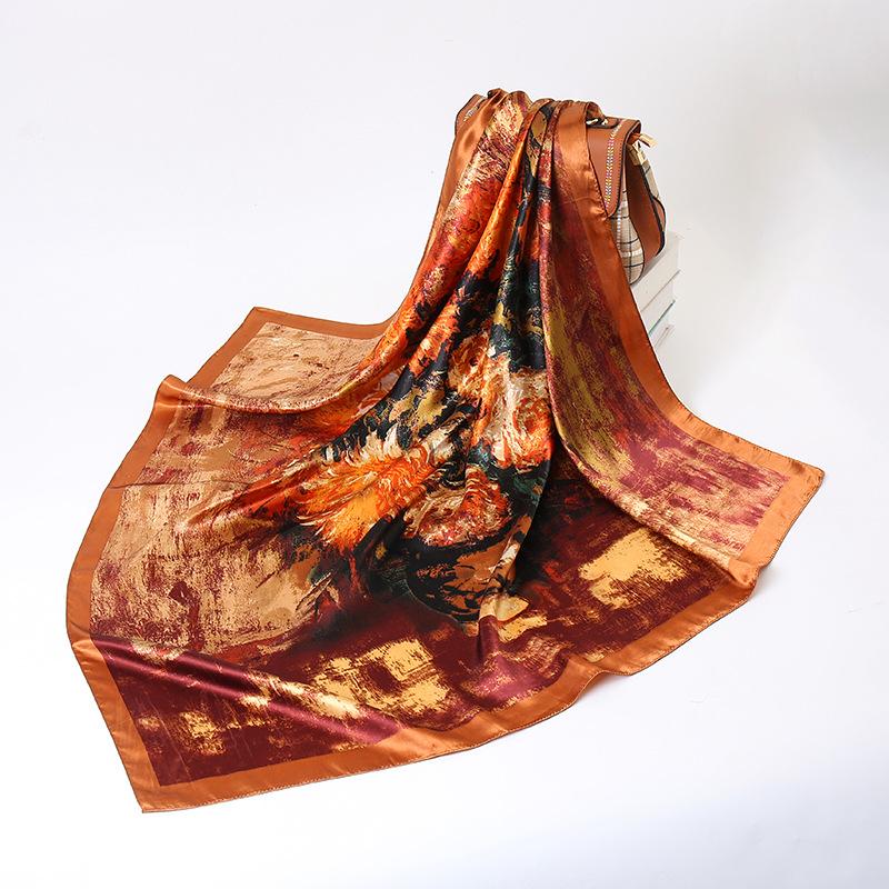Women Fashion Square Vintage Print Satin Neckerchief Sun-Proof Scarf Scarves Shawl High Quality 1PC 90*90cm