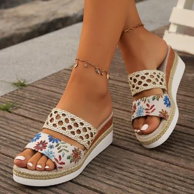 Босоножки на танкетке с плетением и вырезами для женщин, летние шлепанцы на платформе с принтом, женские, на толстой подошве, нескользящие, повседневные