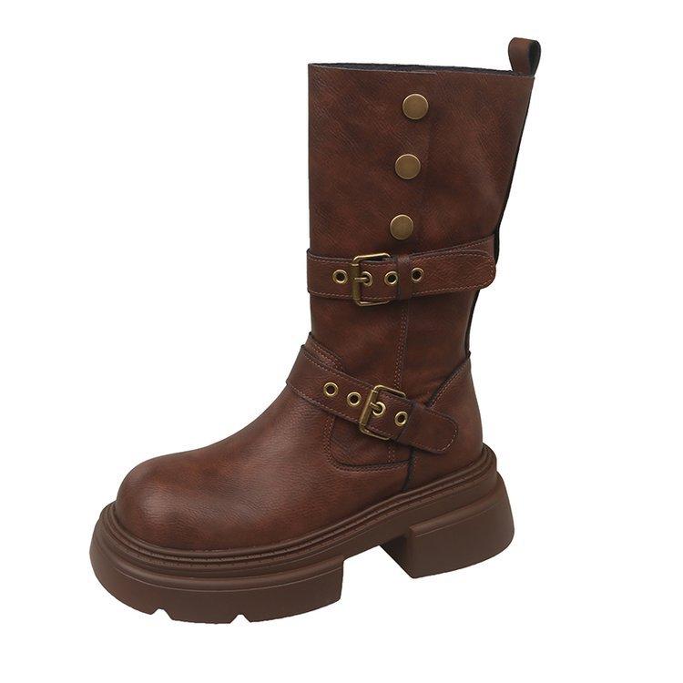 Ботинки из коровьей кожи женские короткие ботинки 2025 новая осень супер огонь ретро красивые толстый каблук жареная улица британский стиль тонкие ботинки