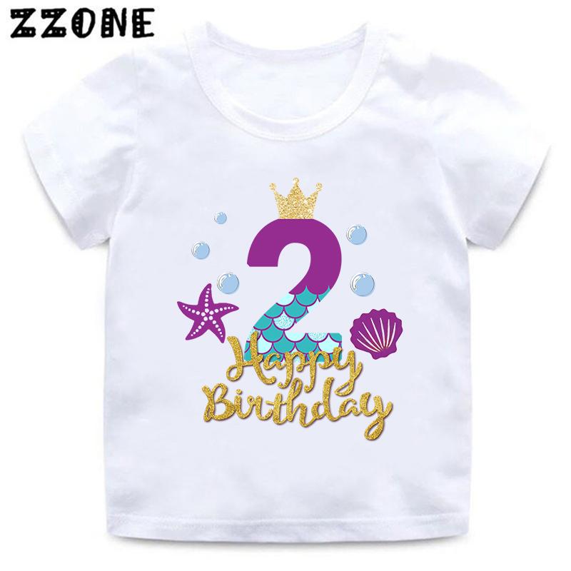 Cute Mermaid Princess Print Girls Clothes 1 2 3 4 5 6 7 8 9 Years Happy Birthday Kids Short Sleeve T shirt Baby Boys T-Shirts