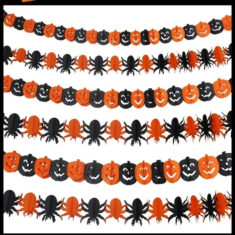 Halloween Banner Decoration Set with Honeycomb Pumpkin Paper Flower Skeleton Bat Spider Flag for Bar Party Room Scene Decor Use