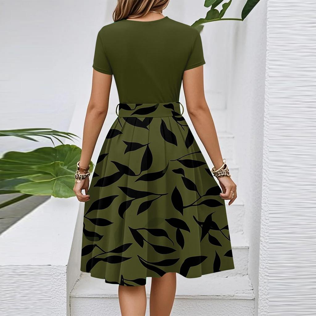Women's Casual Fashion Belted Floral Print Short Sleeve Round Neck Elegant Dress