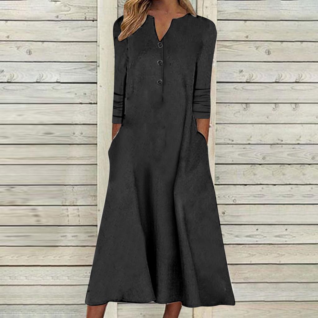 Women's Autumn And Winter Dress Women's Casual Printed Tube Top V-Neck Button Long Sleeve Swing Dress