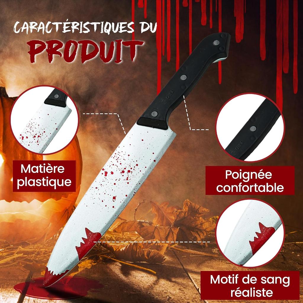Plastic knife with fake blood, 30 cm — prop knife, zombie knife, accessory for Halloween parties, role-play, get-togethers and carnivals