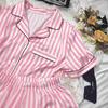 Simple Ice Silk Pajamas Women'S Summer Short Sleeves Pink Stripes Can Be Worn Outside High-End Loungewear Suit