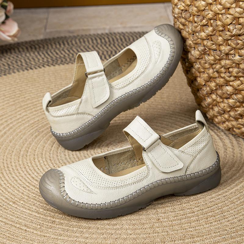 Johnature Genuine Leather Soft Soled Flat Shoes Retro Round Toe Shallow Versatile Comfortable Women's Shoes