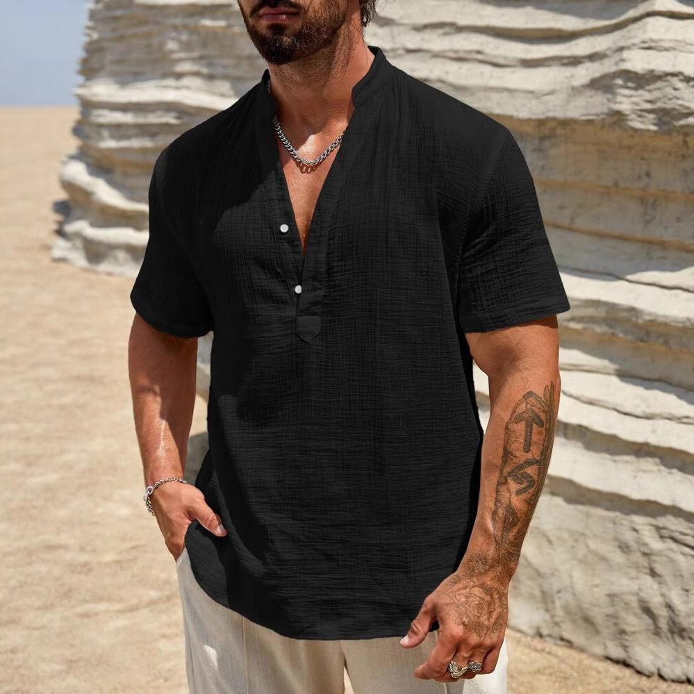 Мужская повседневная рубашка-henley из льна. Модная и универсальная. Рубашка для пляжного отдыха.