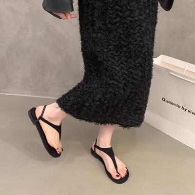 Ретро отпускные сандалии-щипки с плоской подошвой, туфельки феи, новинка лета 2025, черные универсальные пляжные римские сандалии