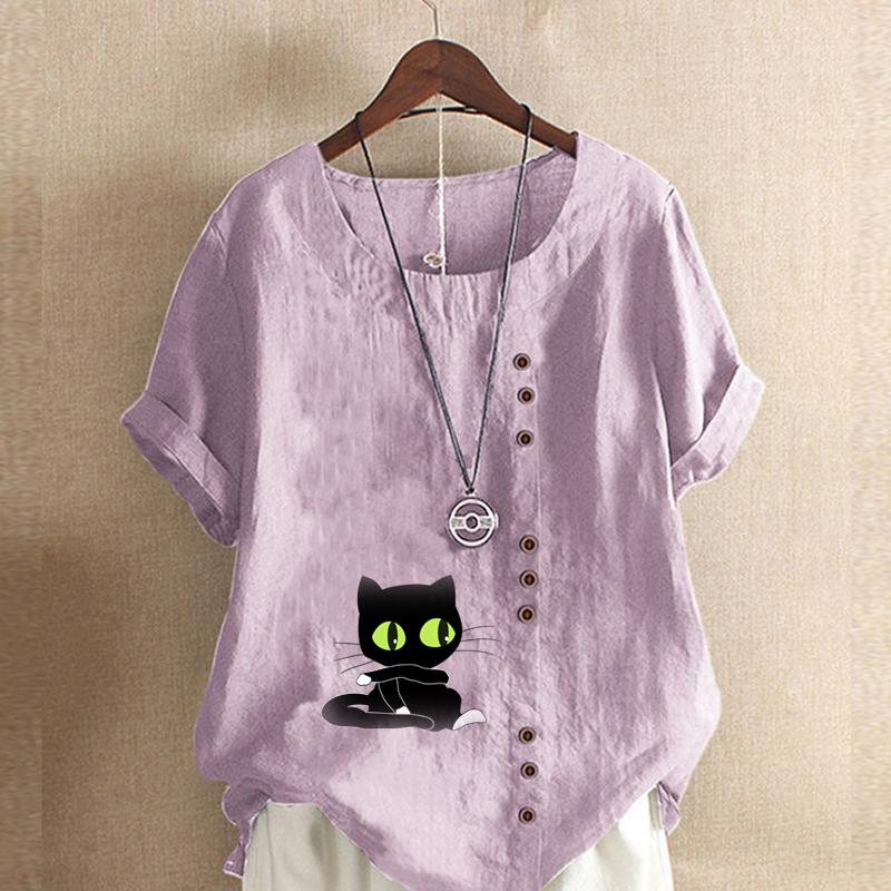 Women's Fashion Round Neck Short Sleeve T-shirt Casual Cotton Linen Graphic Shirt Leisure Loose Black Cat Prined Summer Blouse Tops