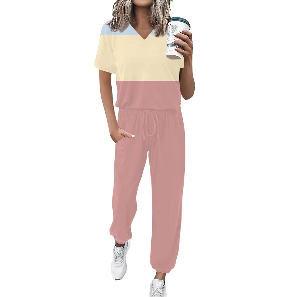 Женский спортивный костюм с V-образным вырезом и коротким рукавом, свободные брюки