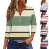 Women's Fashion Casual Striped Print V-Neck Decorative Button Three-quarter Sleeve T-Shirt Top