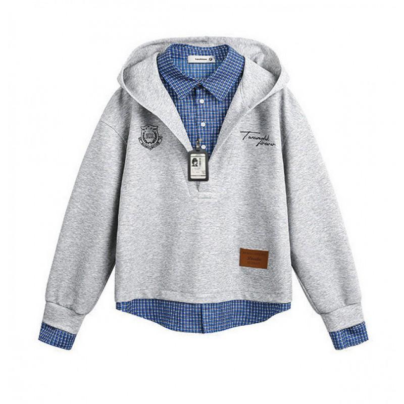 College Style Hooded Pullover Sweatshirt With Plaid Shirt Layer Men Women Loose Fit Long Sleeve Top