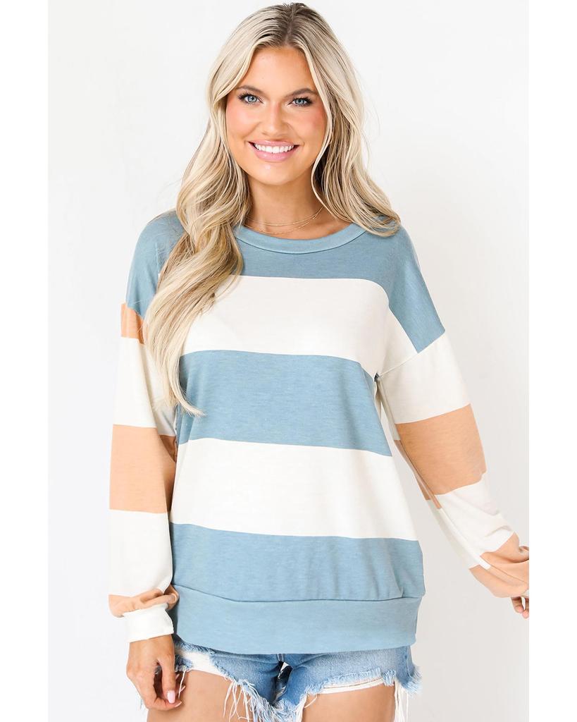 Azura Exchange Светло-голубой полосатый топ с заниженной линией плеч и длинными рукавами в цветочных блоках