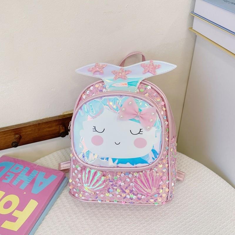 Children Backpack Girls With Shiny Shell Mermaid Tail For Kindergarten Use