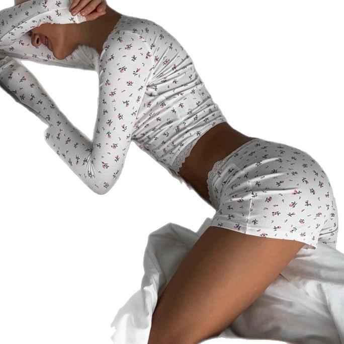 Сексуальный облегающий пижамный комплект с принтом «синец» – Топ с круглым вырезом и длинными рукавами и шорты