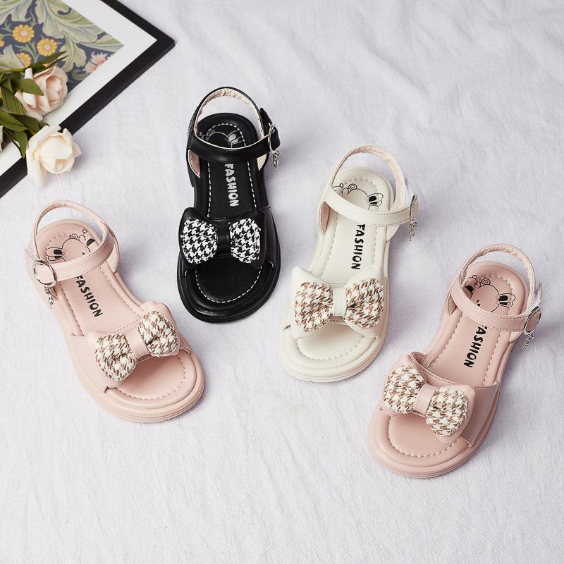 Детская модная повседневная обувь, универсальные однотонные сандалии для девочек с узором «гусиная лапка», с открытым носком, детская обувь в корейском стиле 2024 года, мягкая, простая