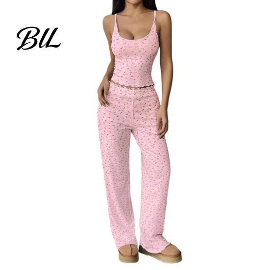 Relaxed Fit Summer Nightwear Women Pajamas Set with Floral Print, Sleeveless U Neck Skin Friendly Sleepwear for Dormitory Camisole And Pants,