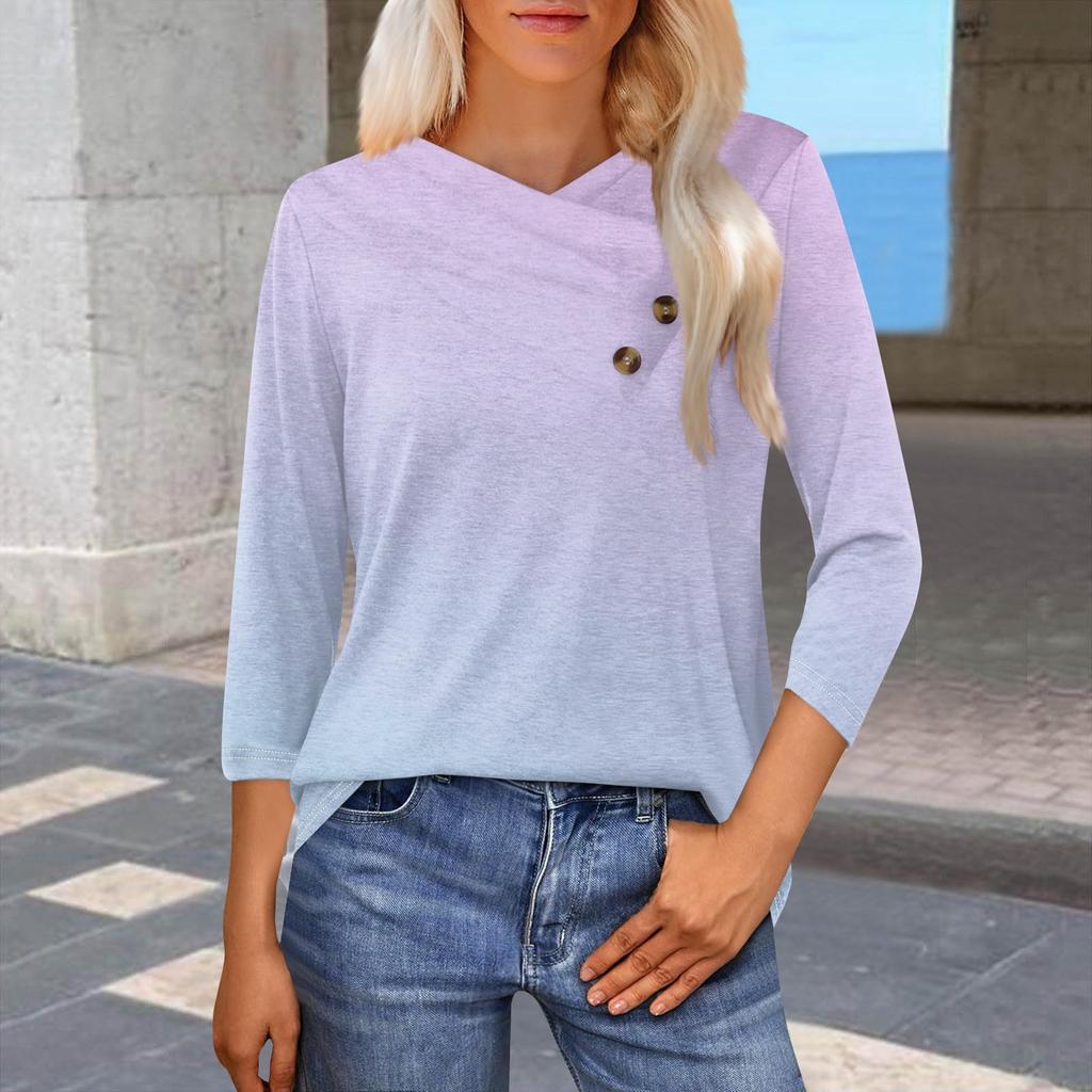 Женская модная повседневная футболка с принтом в виде градиента, рукавами-семиточками, V-образным вырезом и застежкой на пуговицы