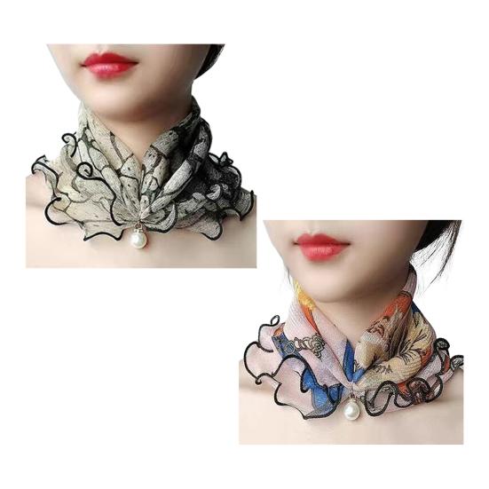 2Pcs Women Faux Silk Scarf Printing Faux Pearl Decor Lace Trim Lightweight Scarf Hand Strap Accessory