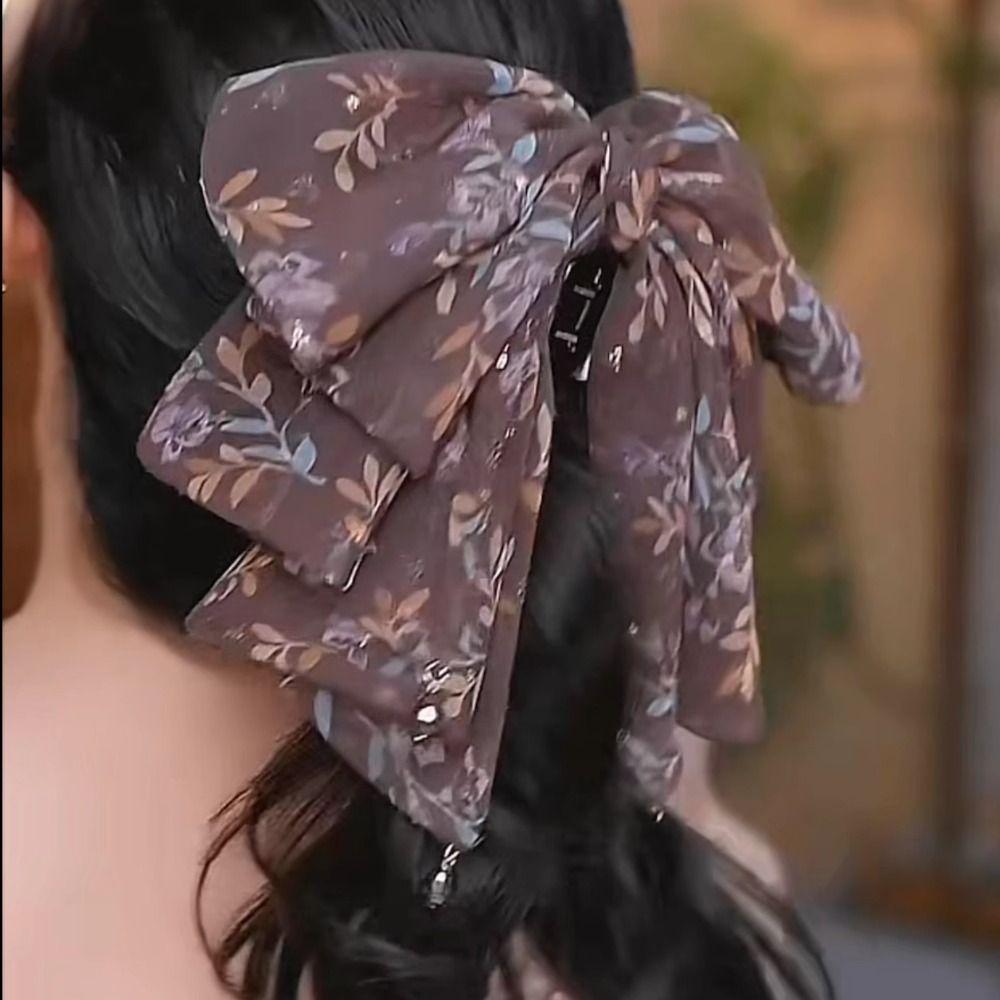French Style Chiffon Hair Claw Large Women Hair Grab Clip Crystal Bow Shark Clip  Daily
