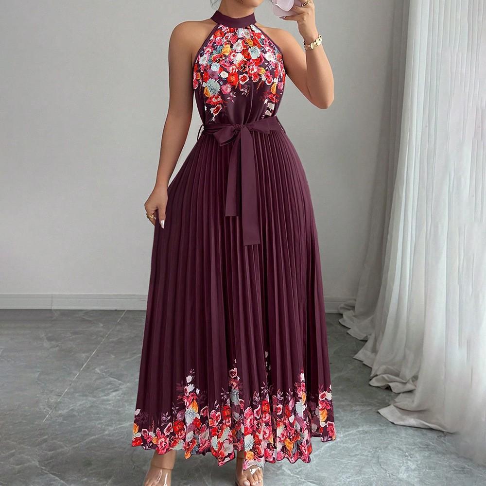 European and American women's clothing summer elegant neck strap waist flower printing pleated long pendulum dress