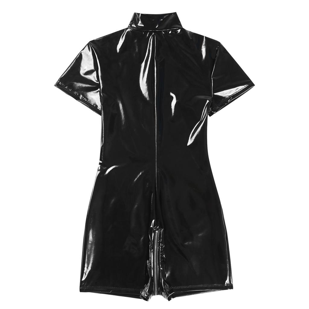 Womens Shiny Wet Look Patent Leather Cutout Bodysuit Zipper Front Short Sleeve Skinny Jumpsuit