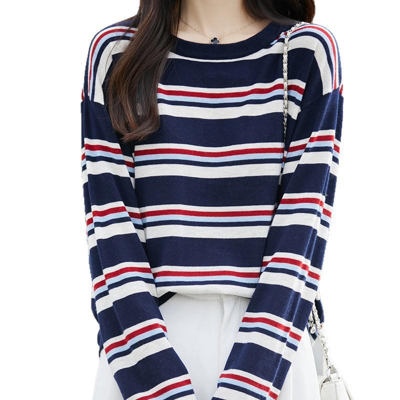 Autumn New Crew Neck Knitted Sweater Long Sleeve Women'S Navy Blue Color Matching Striped Loose Pullover Wool Bottoming Shirt