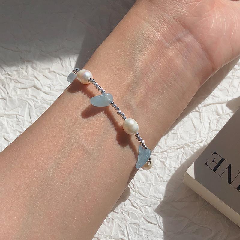 Неправильной формы аквамарин и пресноводный жемчуг S925 стерлинговое серебро минималистичное колье