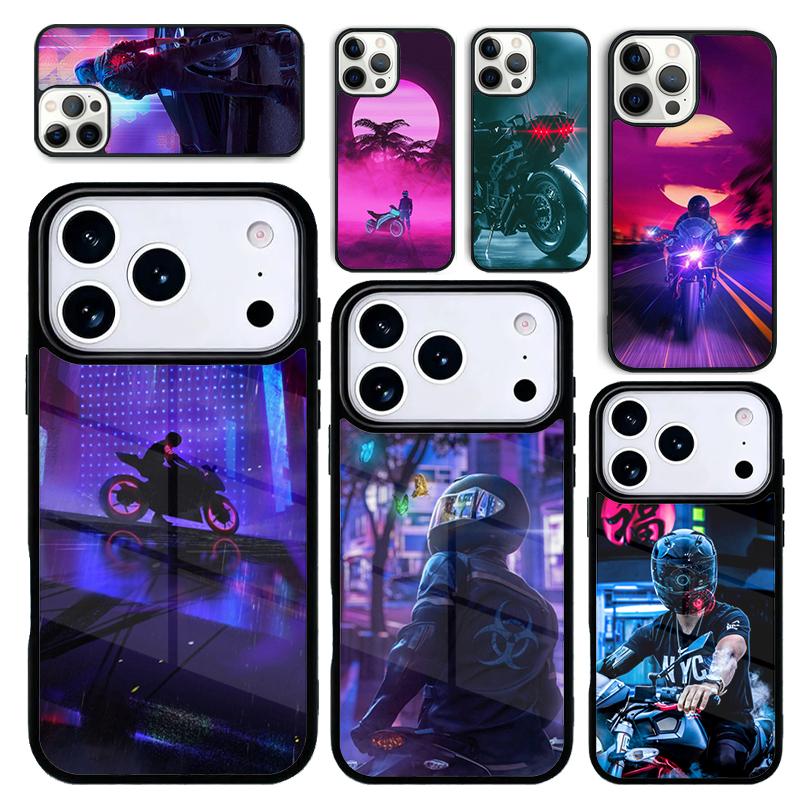 Чехол Case для iPhone 17 Air 16 Pro Max 15 Plus 11 13 Mini 14 12 Задняя крышка телефона Неоновый Мотоциклист