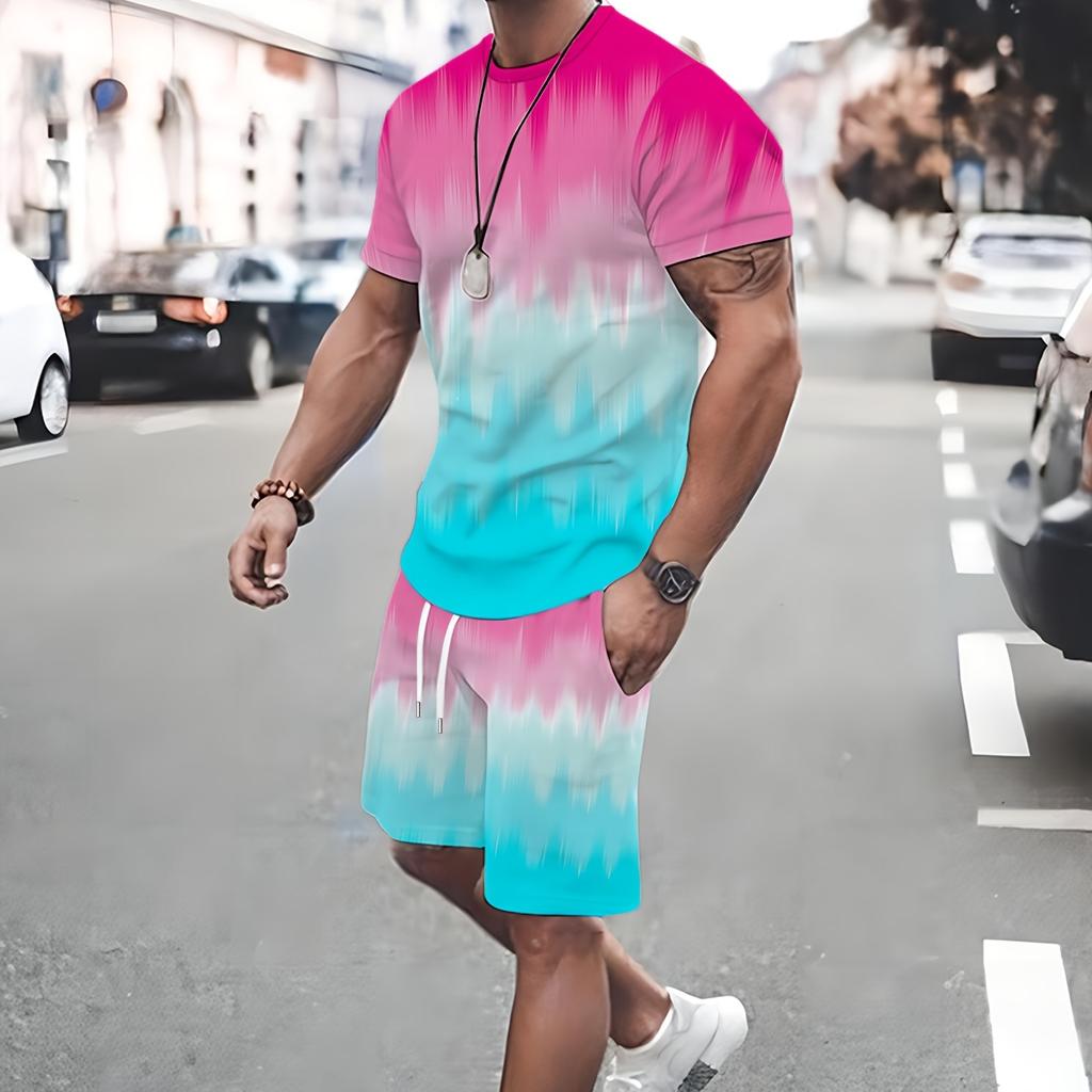 2PCS Plus Size Men's Fashion Gradient Color Block Set, 3D Print T-Shirt And Shorts, Casual Sportswear, Party & Leisure Outfit