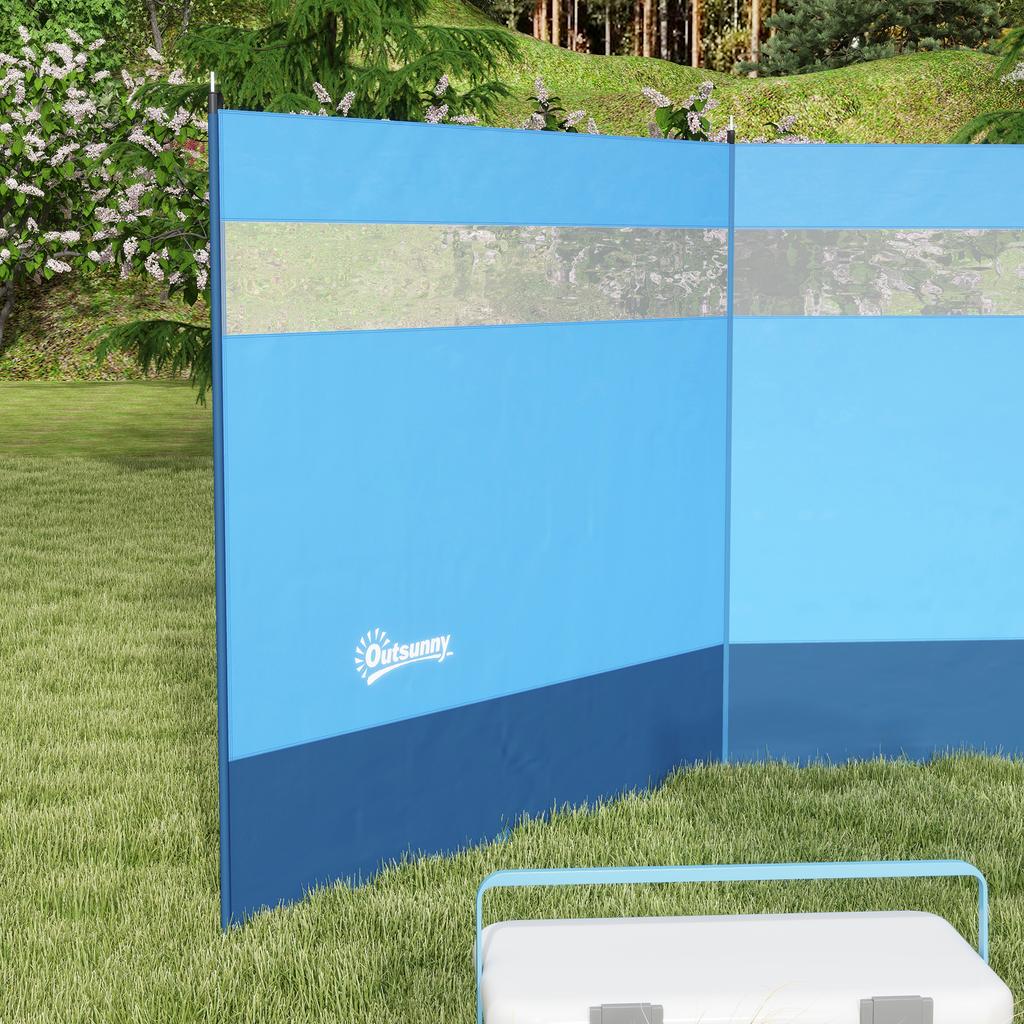 Camping Windbreaker With Clear Windows Carry Bag And Steel Poles For Beach Caravan Campervan 440 X 140cm Blue