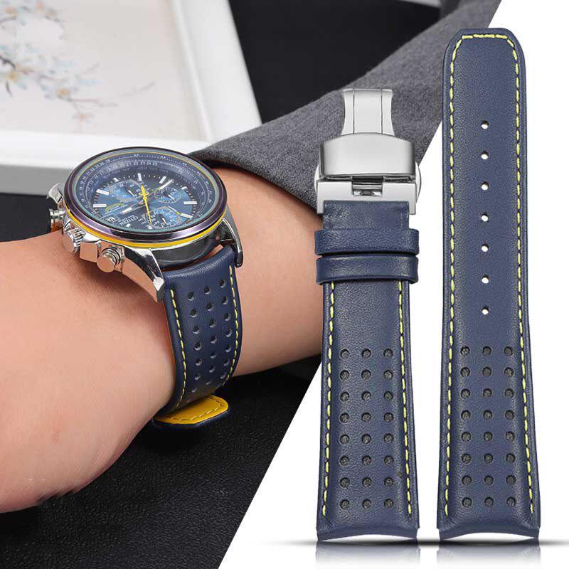 Кожаный ремешок для часов Для CITIZEN Blue Angel Радиоволновые часы ремешок AT8020-54L/8020-03L/JY8078 изогнутый конец Желтый 22 23 мм браслет