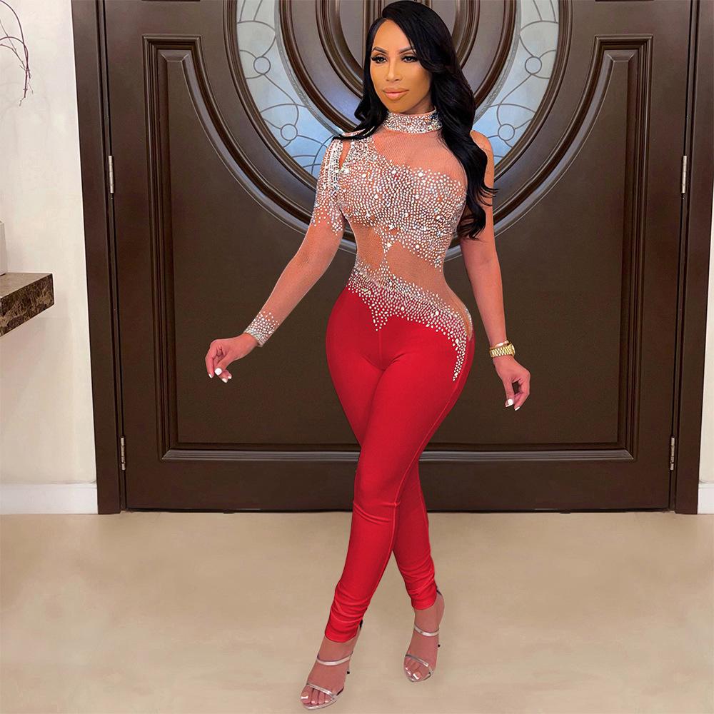 «Женский модный сексуальный сетчатый прозрачный комбинезон с длинными рукавами и бриллиантами»