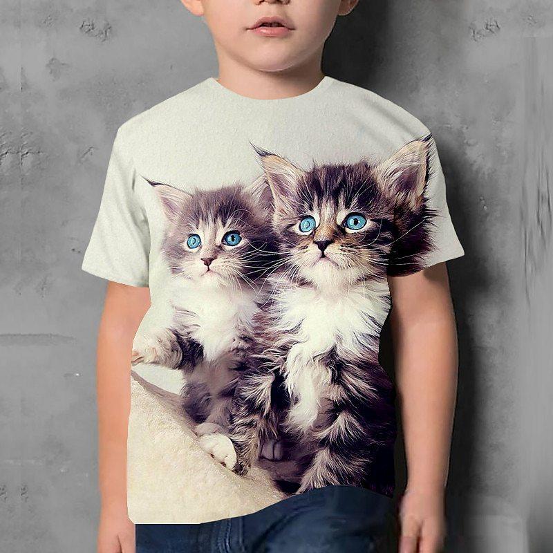 Summer Round Neck 3D Cute Cat Printed Top Fashionable Casual Short Sleeved Children's Boy T-shirts