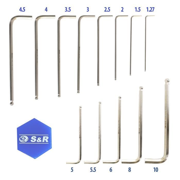S&;R Professional Long Allen Key Set. 13 Pcs Male Hex Keys. 1.27 To 10 Mm with Sphere for Bicycles, Motorcycles, Cars, Furniture,